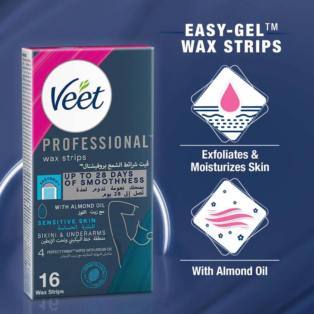 Veet Professional Hair Removal Wax Strips for Sensitive Skin Bikini & Underarms,16 Strips
