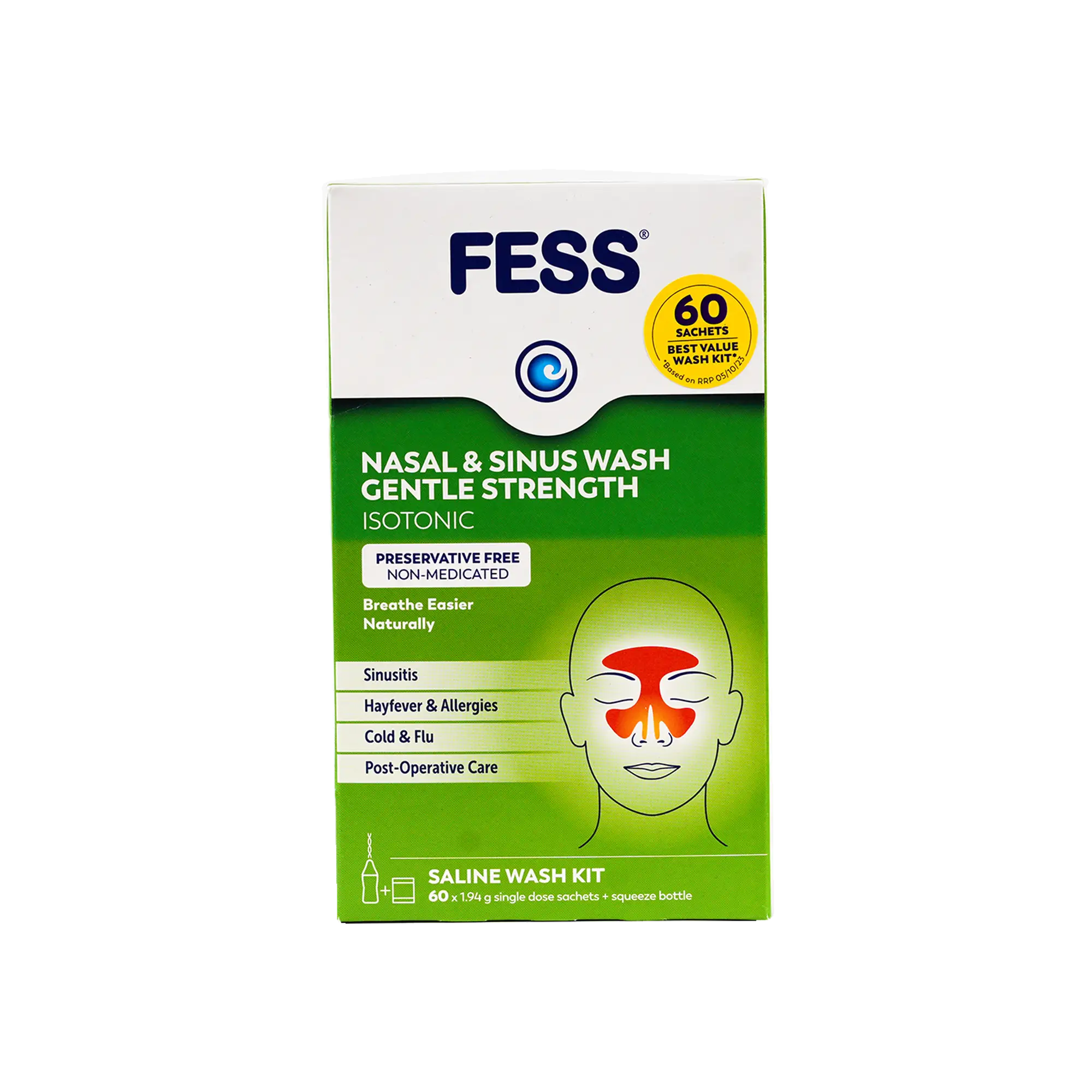 Fess Nasal & Sinus Saline Wash Kit 60 Sachets+Squeeze Bottle
