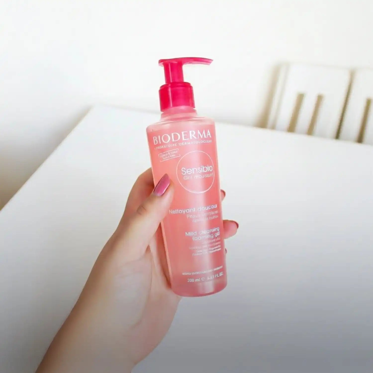 Pink bioderma hand pump bottle