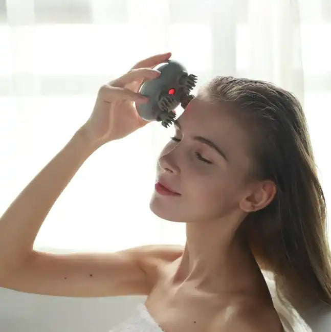 Gray head massager with red light.