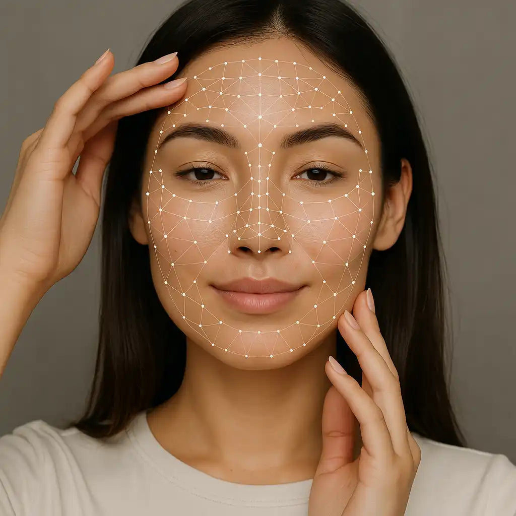 A smiling woman’s face with a digital facial recognition grid overlay.
