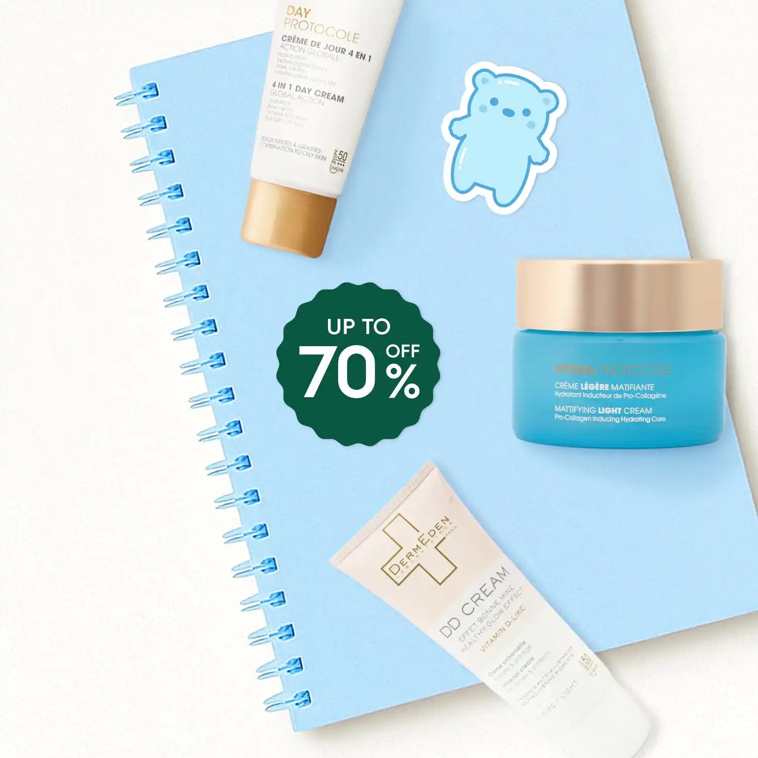 A collection of skincare creams and a promotional discount.