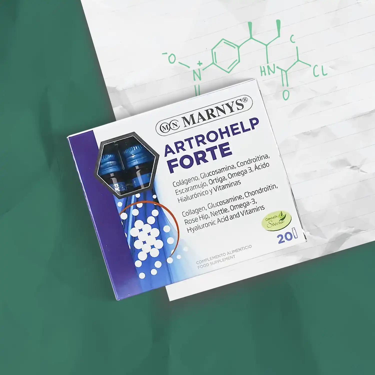 Nutritional supplement for joint health in a box with vials.