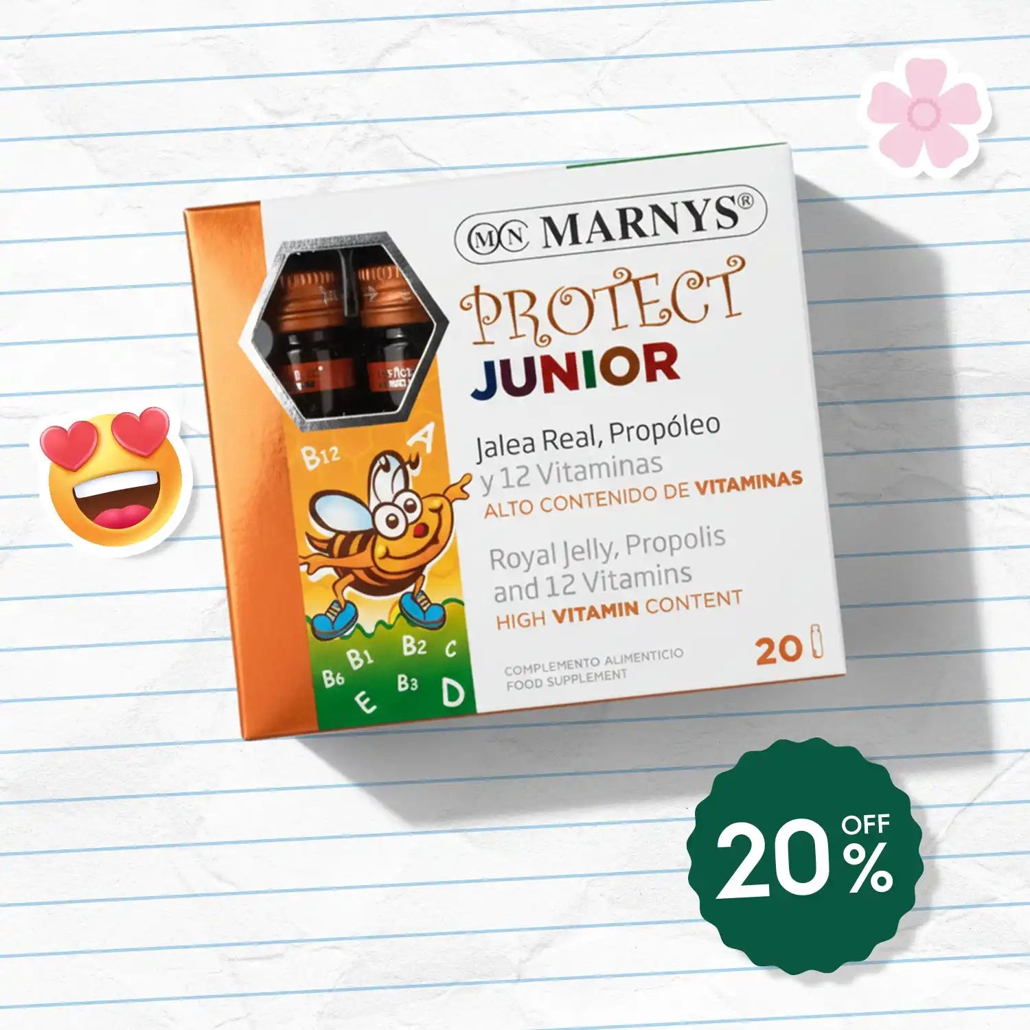 A box of children’s vitamin vials containing royal jelly, propolis, and 12 vitamins.