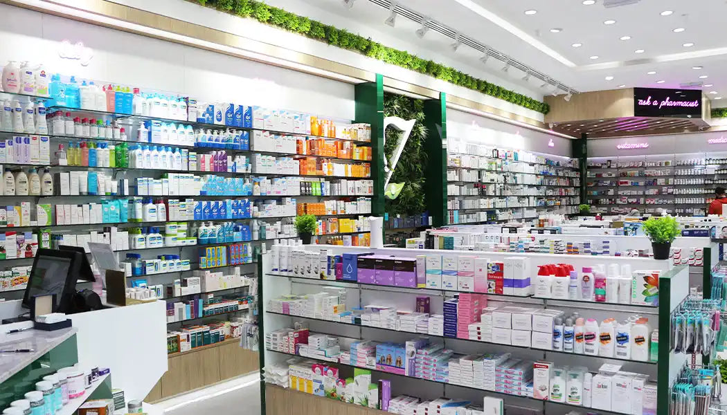 Well-stocked pharmacy shelves.