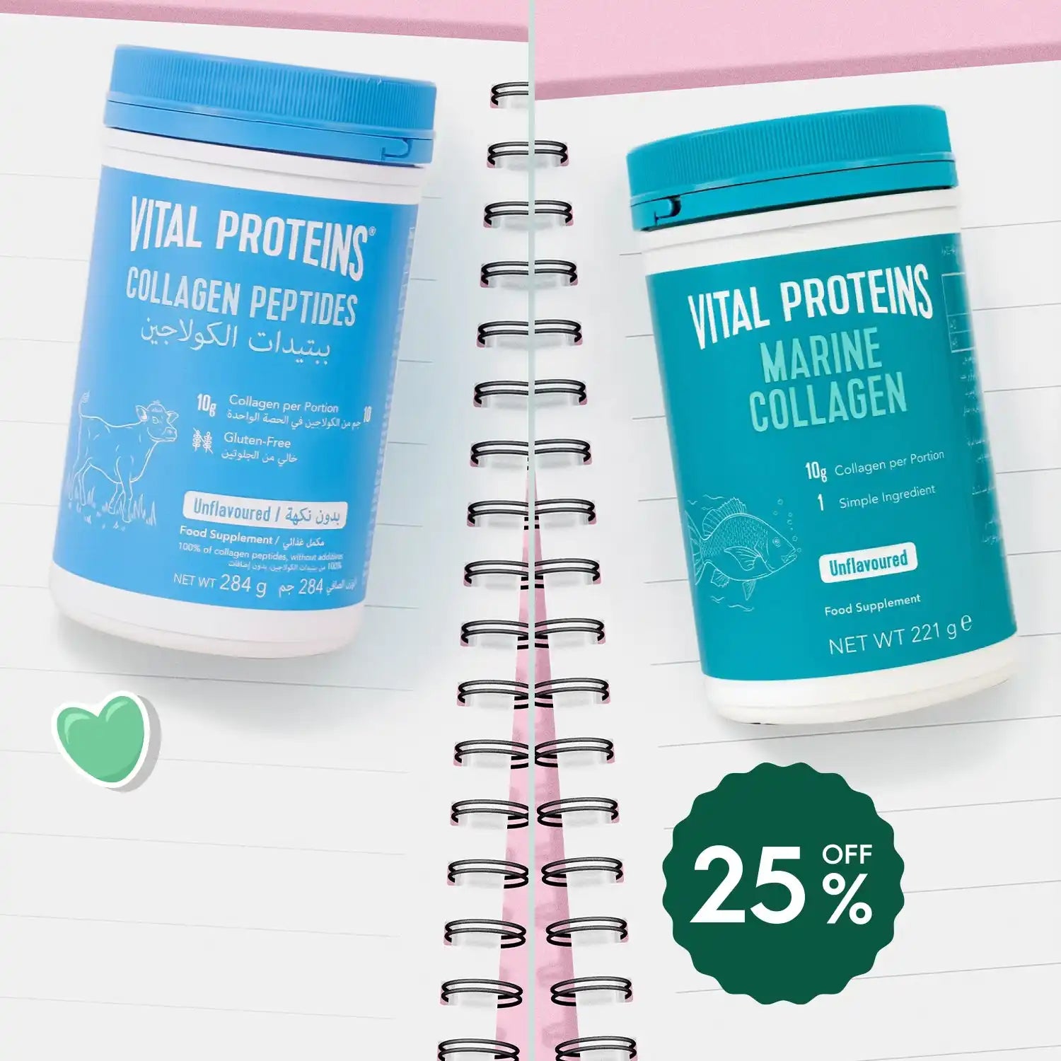 Two tubs of Vital Proteins collagen supplements, one bovine and one marine, with a 25% discount.