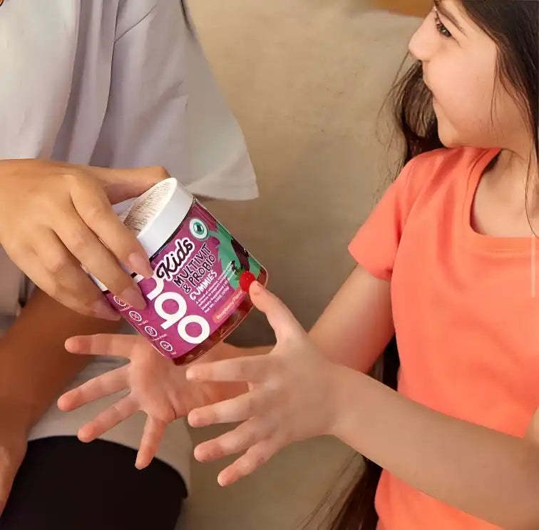 A jar of kids’ multivitamin probiotic gummies.
