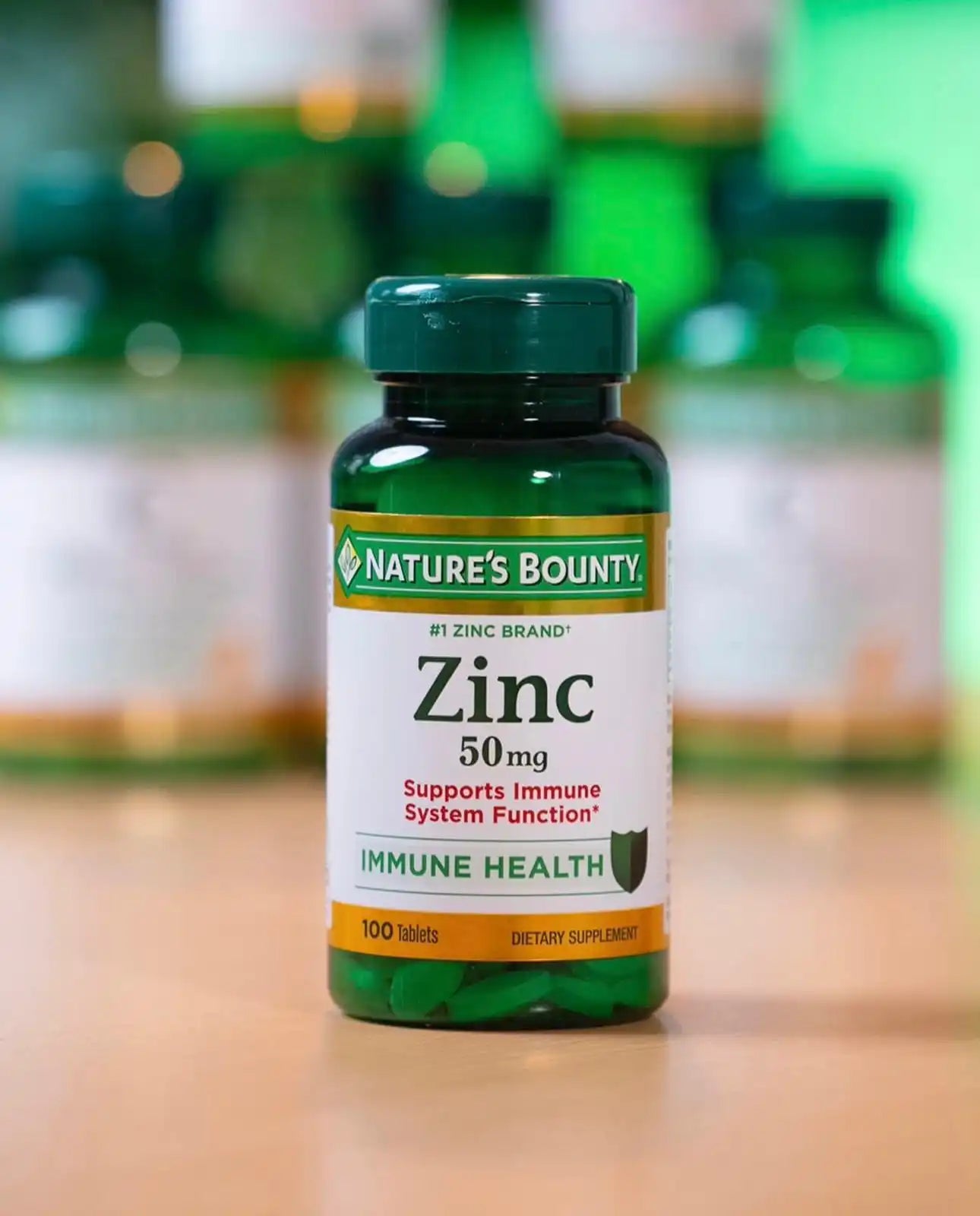 A bottle of Nature’s Bounty Zinc 50mg supplements for immune health.