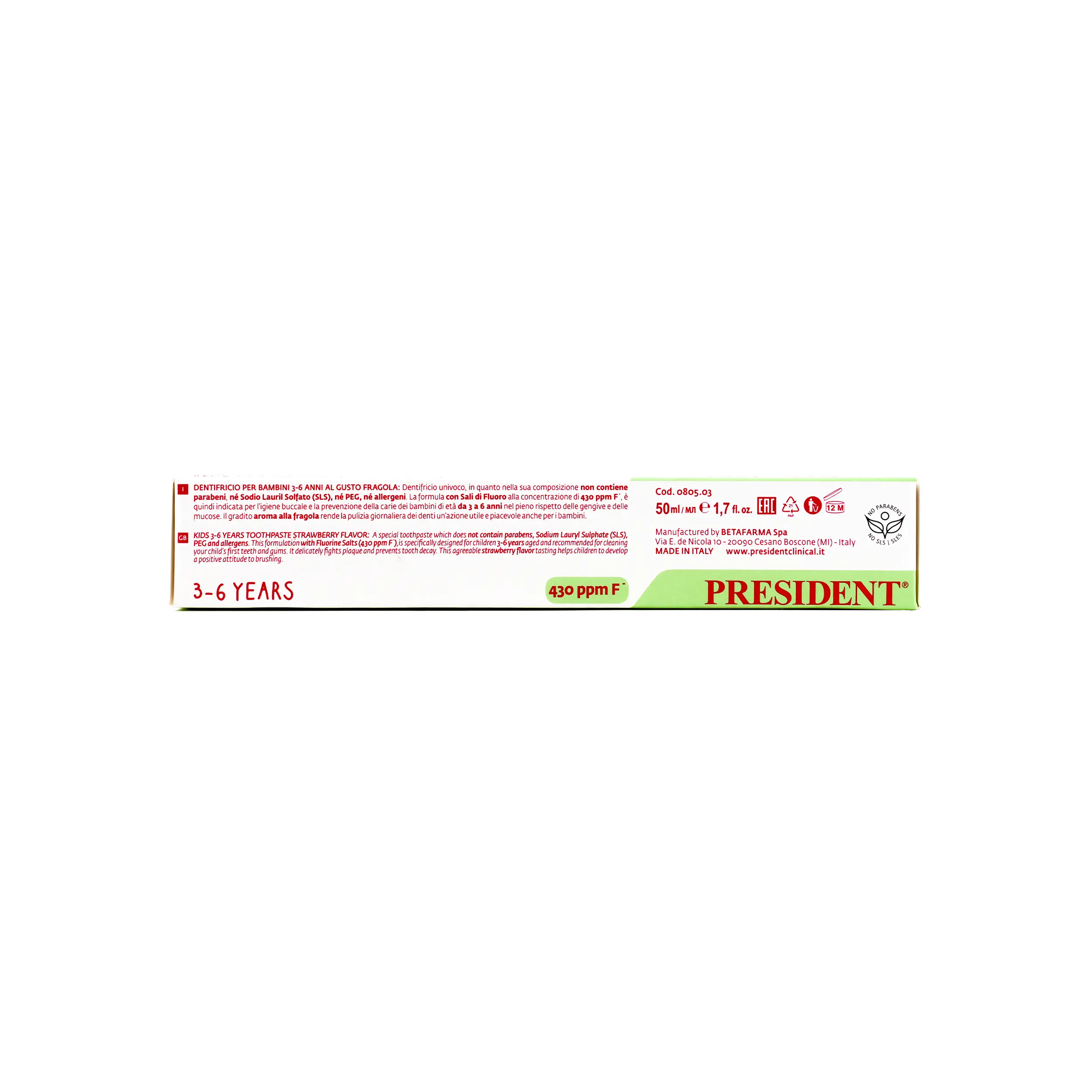 President Kids 3-6 Years Strawberry Toothpaste 50ml