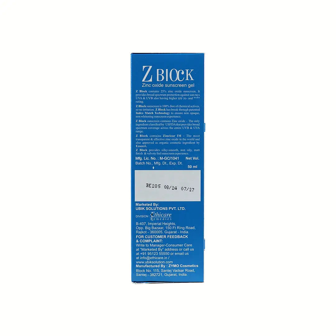 Z Block Uvb Spf 50 + Zinc Oxide Sunscreen Gel 50ml