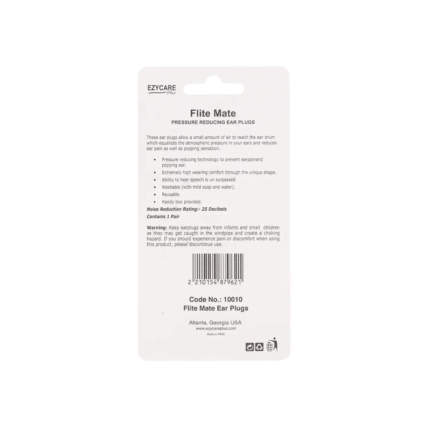 Ezycare Plus Flite Mate Pressure Reducing 1 Ear Plugs -10010