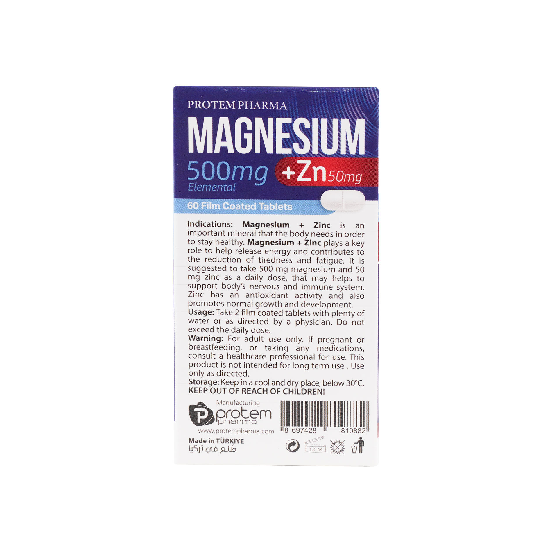 Protem Pharma Magnesium 500mg+Zn 50mg 60 Tablets