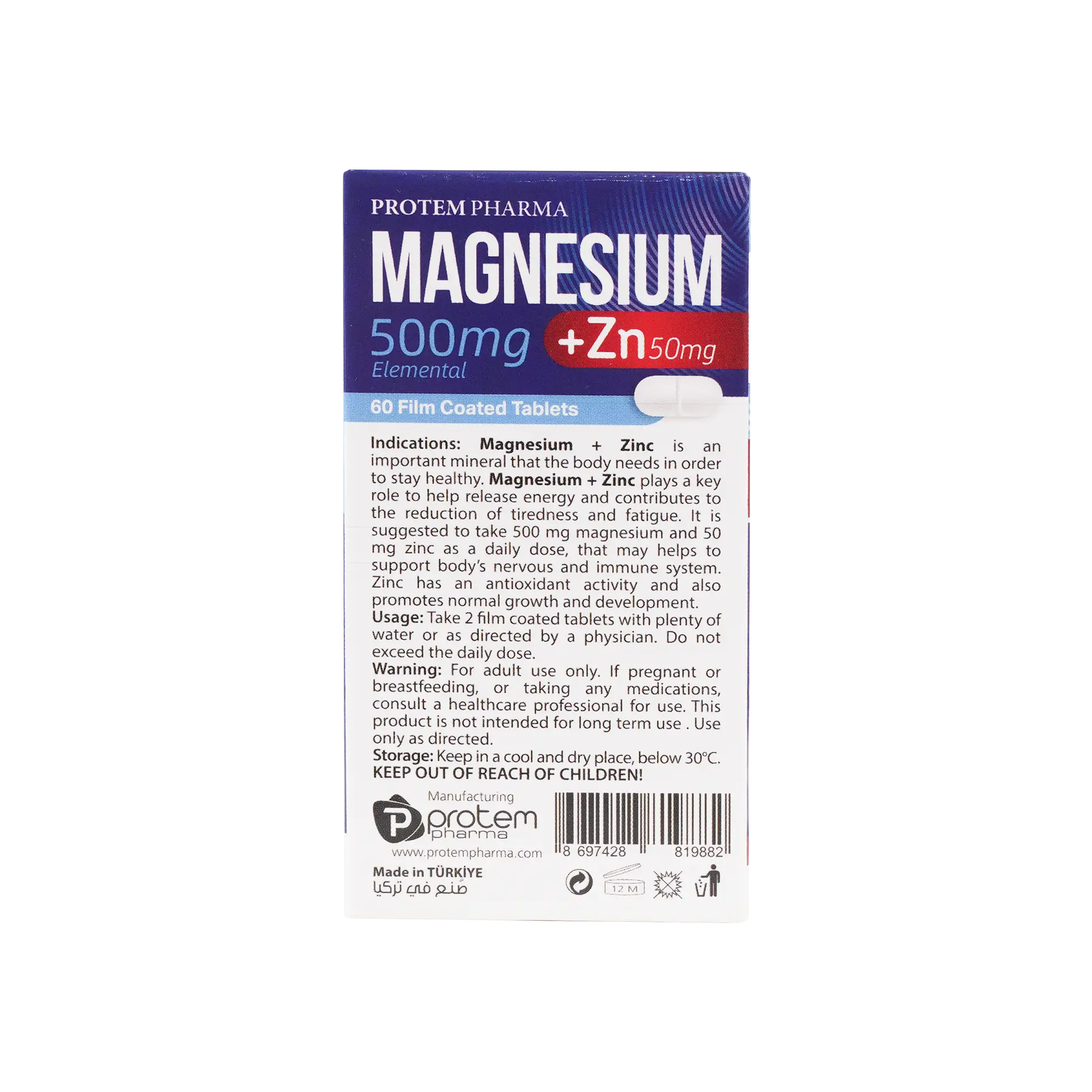 Protem Pharma Magnesium 500mg+Zn 50mg 60 Tablets