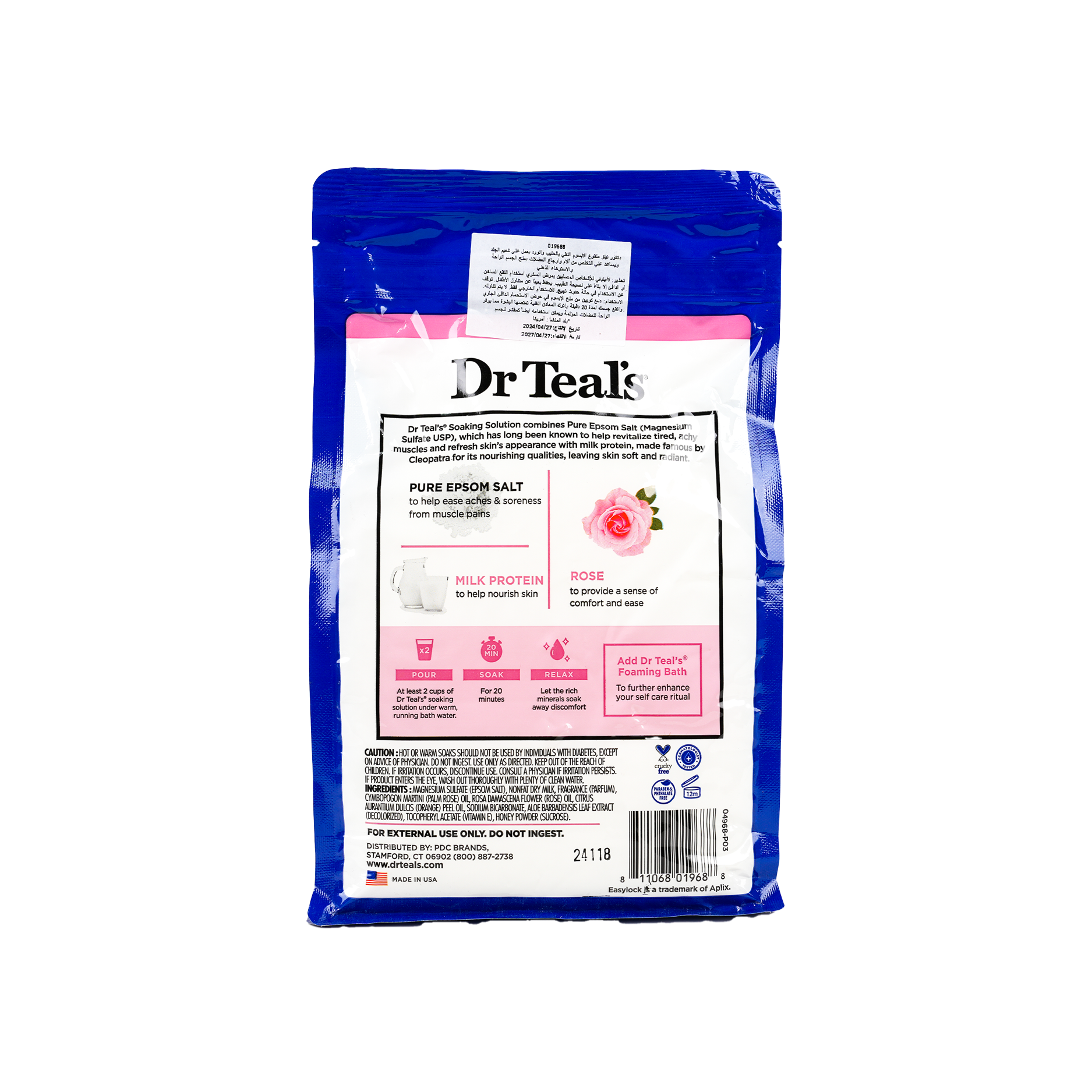 Dr Teals Pure Epsom Salt Soaking Solution 1.36Kg-Rose & Milk