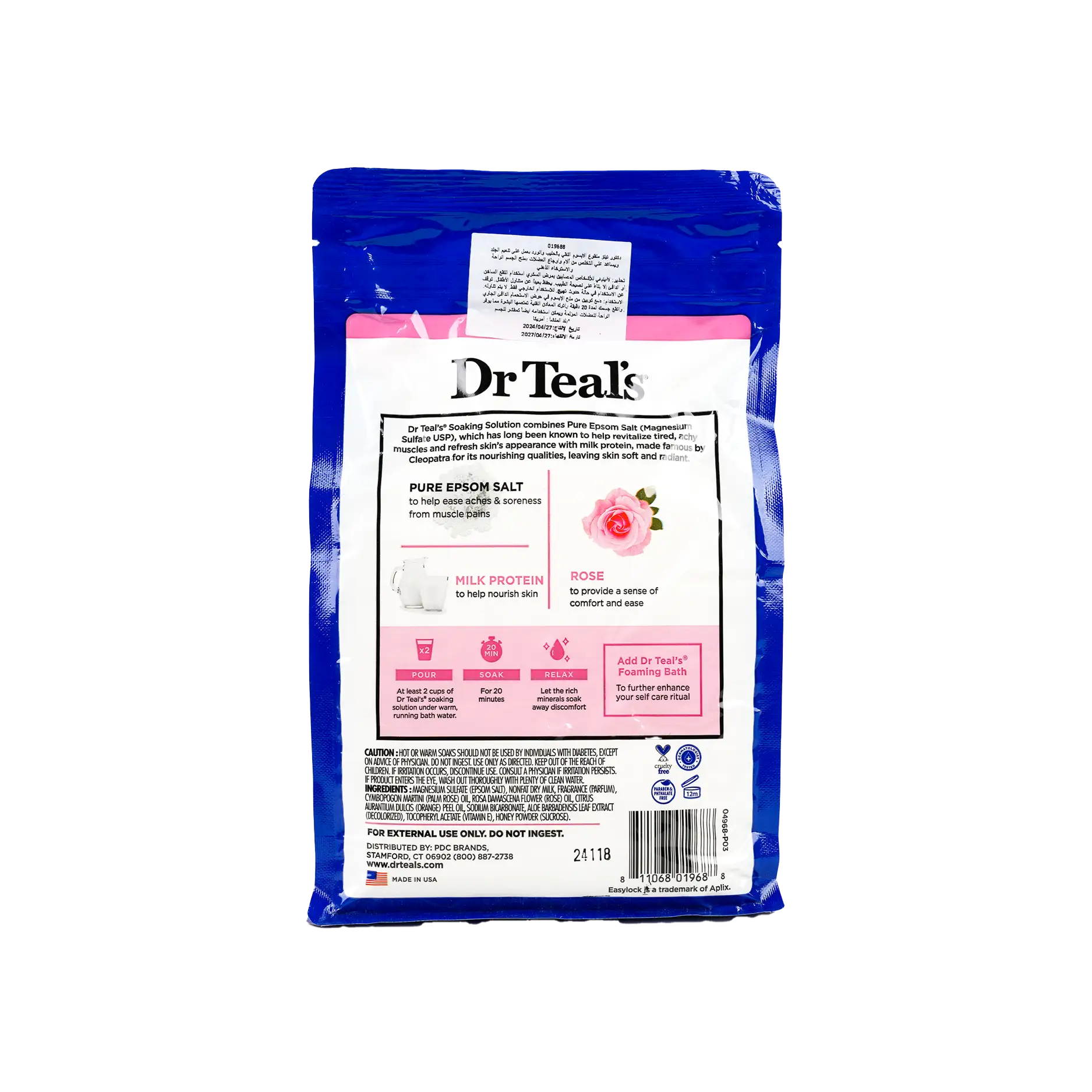 Dr Teals Pure Epsom Salt Soaking Solution 1.36Kg-Rose & Milk