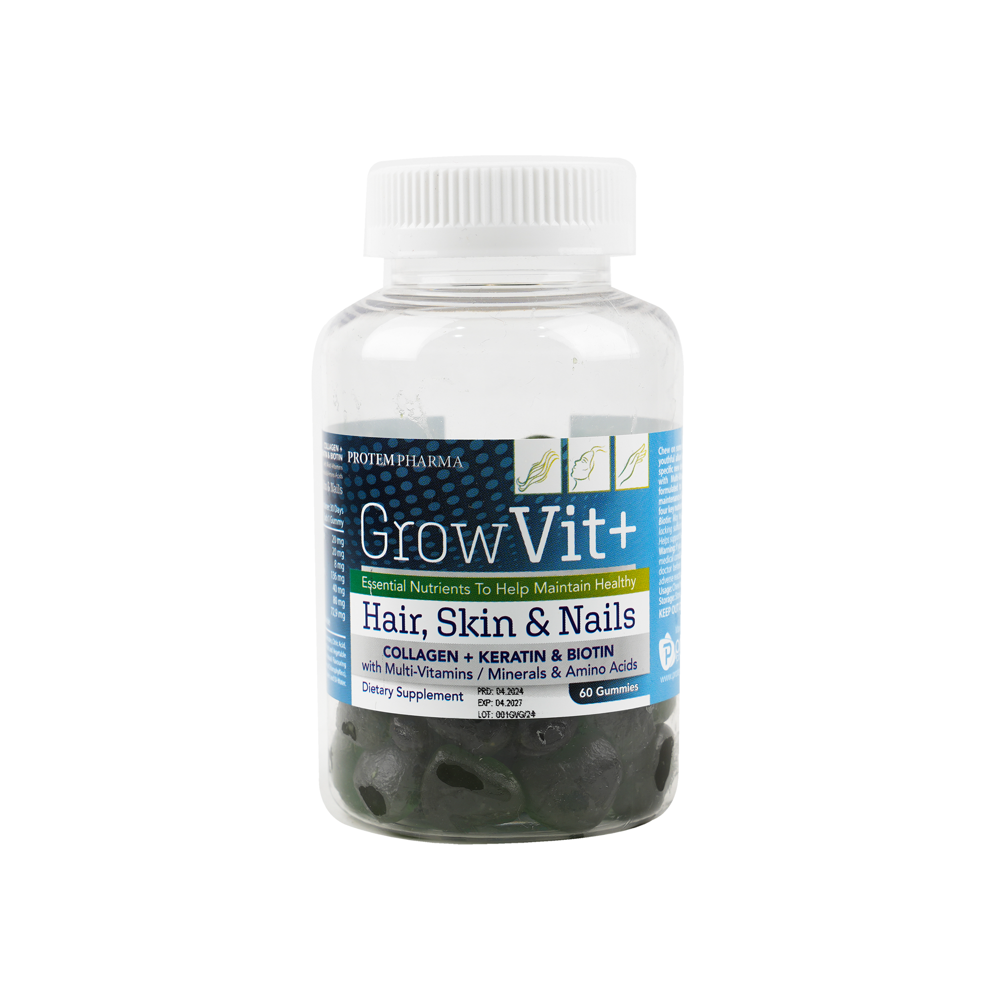 Protem Pharma GrowVit+ For Adult Hair,Skin &Nails 60Gummies