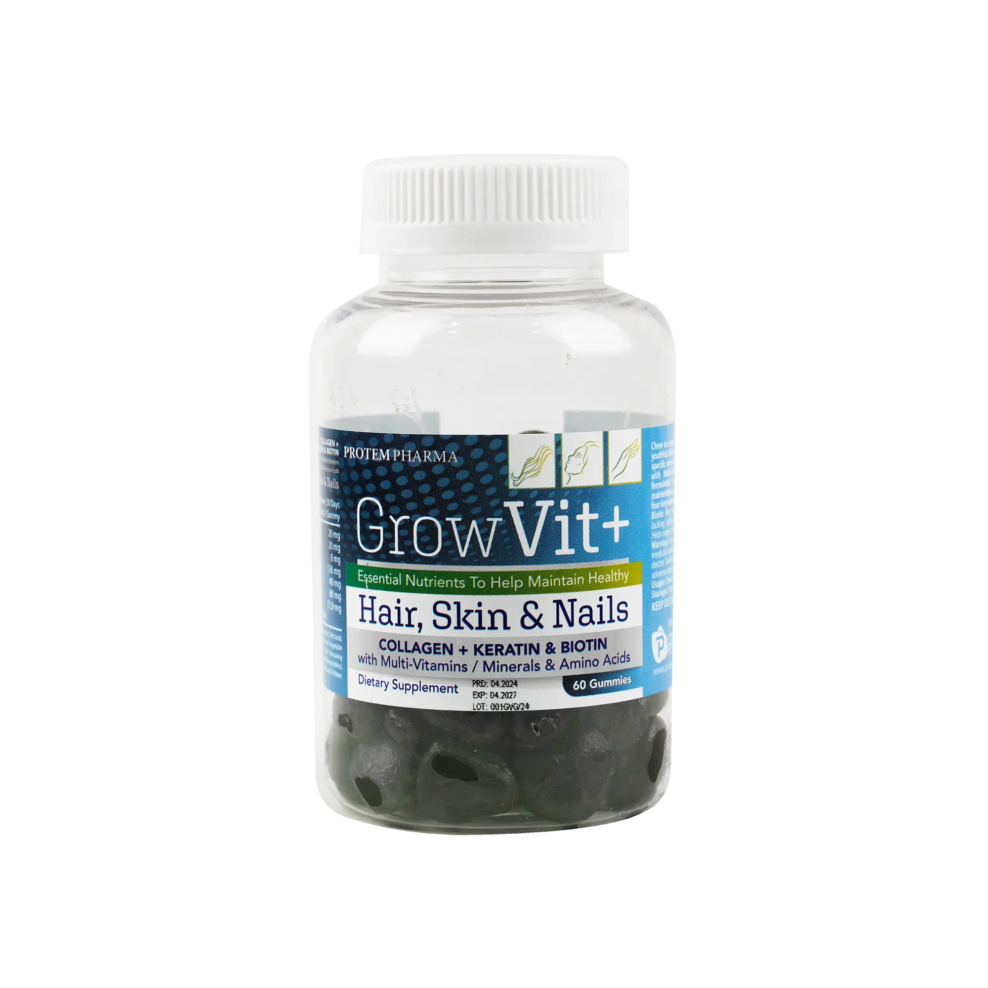 Protem Pharma GrowVit+ For Adult Hair,Skin &Nails 60Gummies