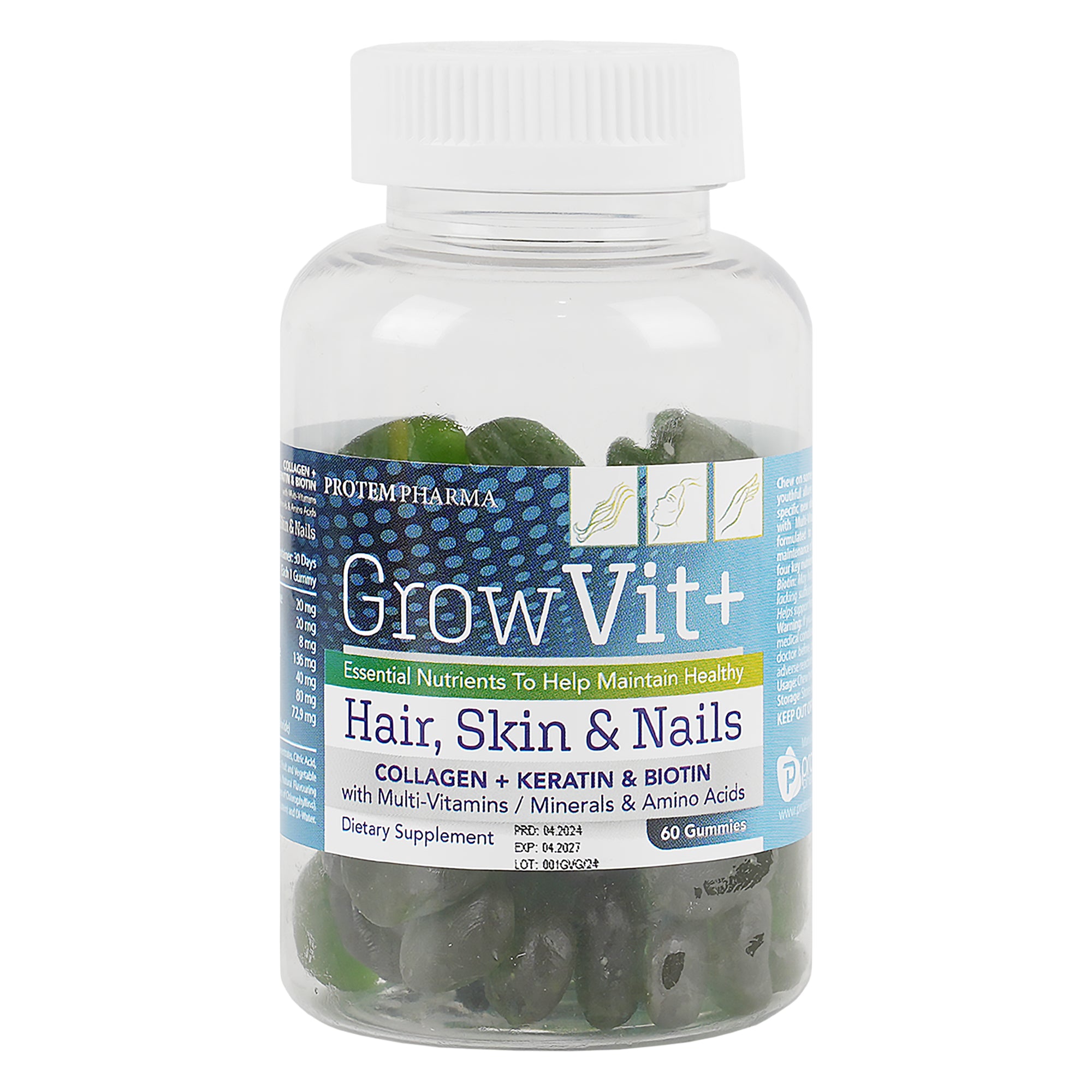 Protem Pharma GrowVit+ For Adult Hair,Skin &Nails 60Gummies