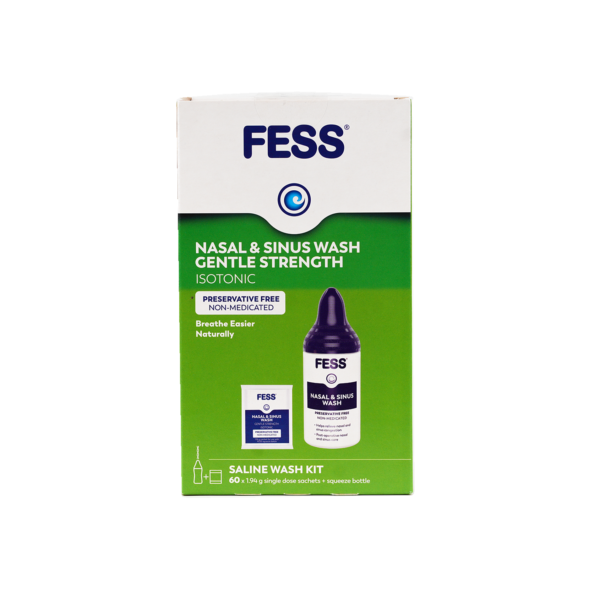 Fess Nasal & Sinus Saline Wash Kit 60 Sachets+Squeeze Bottle