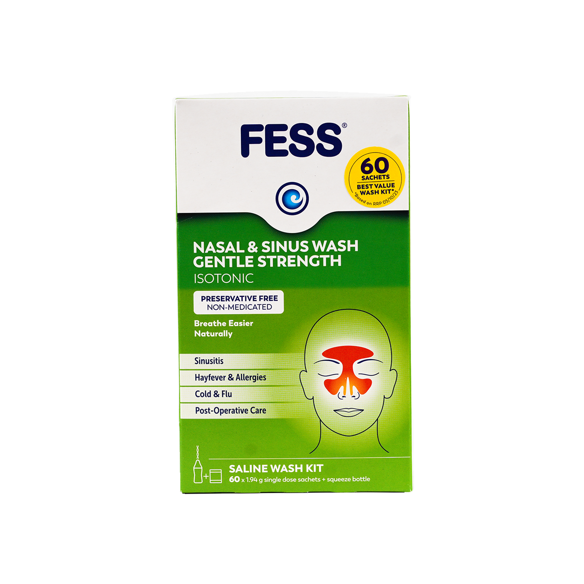 Fess Nasal & Sinus Saline Wash Kit 60 Sachets+Squeeze Bottle