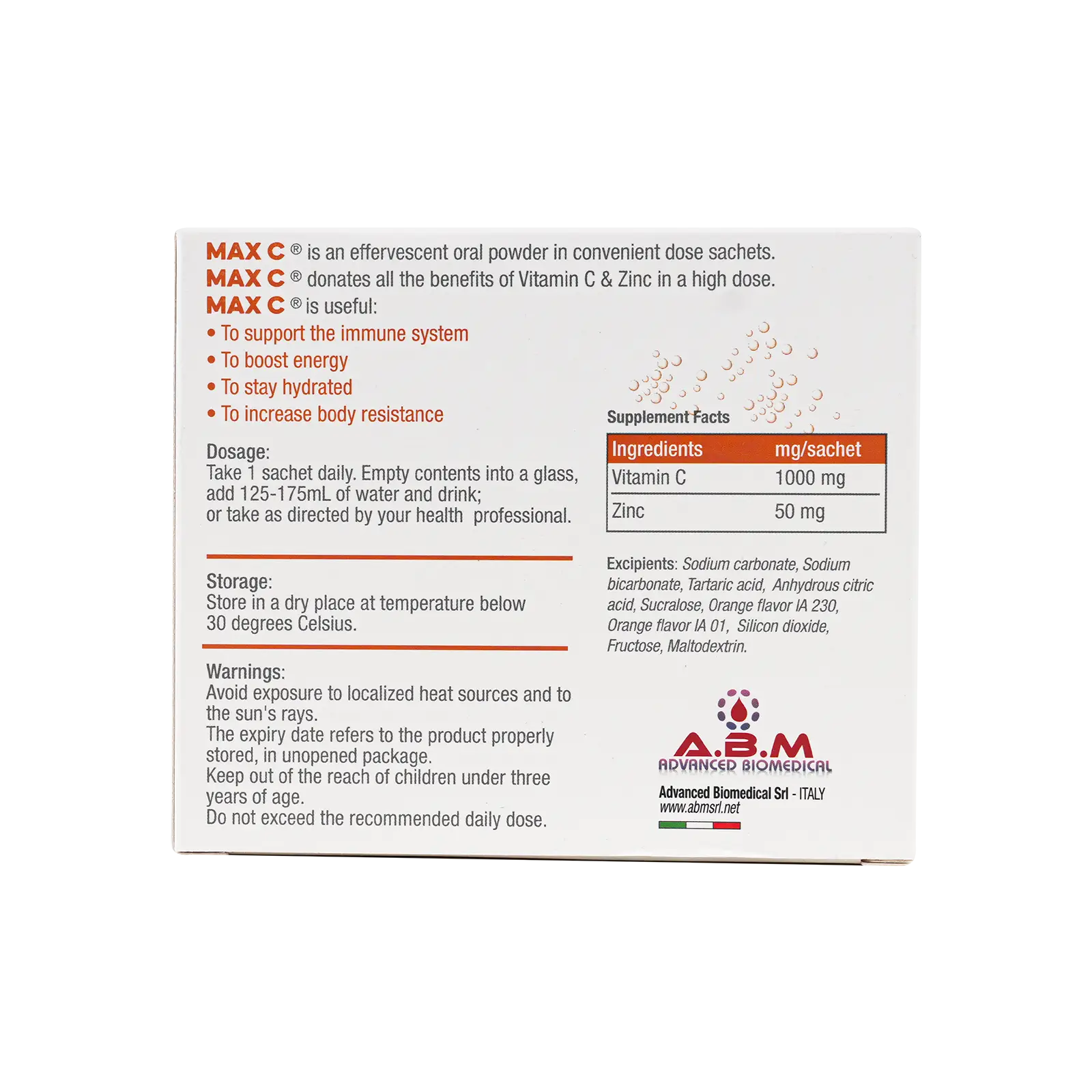 Max C Effervescent Powder Vitamin C & Zinc 20 Sachets