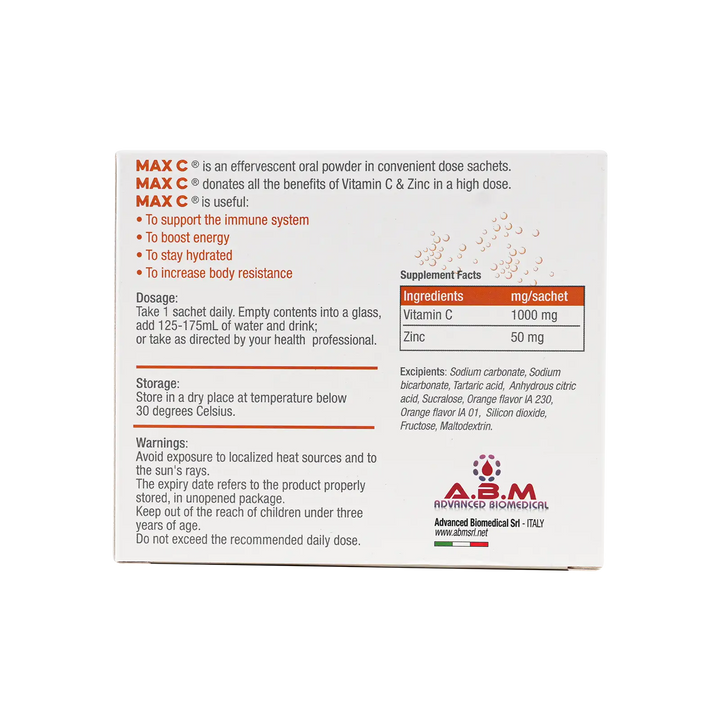 54186-Max C Effervescent Powder Vitamin C &amp; Zinc 20 Sachets +3