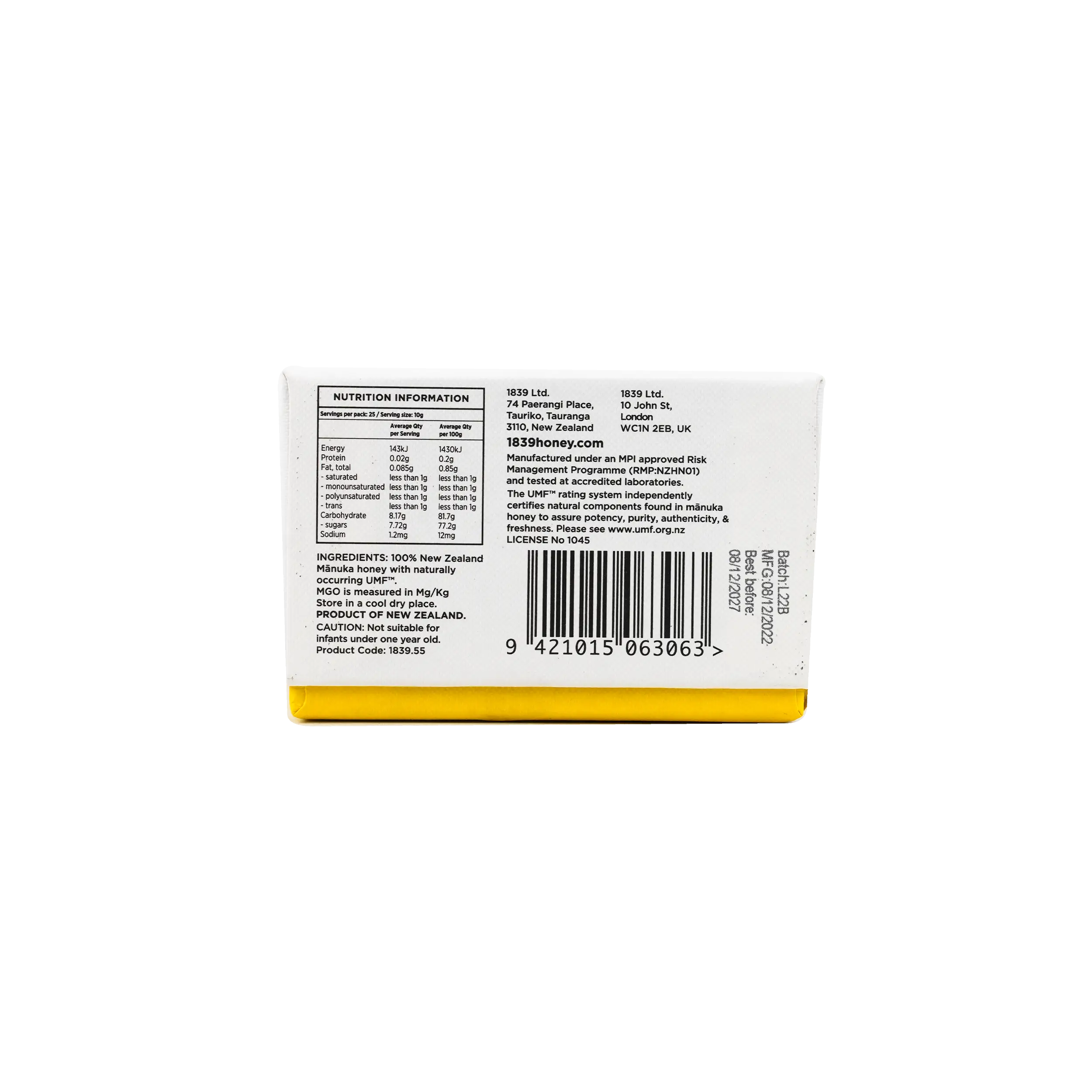 1839 Manuka Honey (Umf 25 + Mgo 1200+) 250g