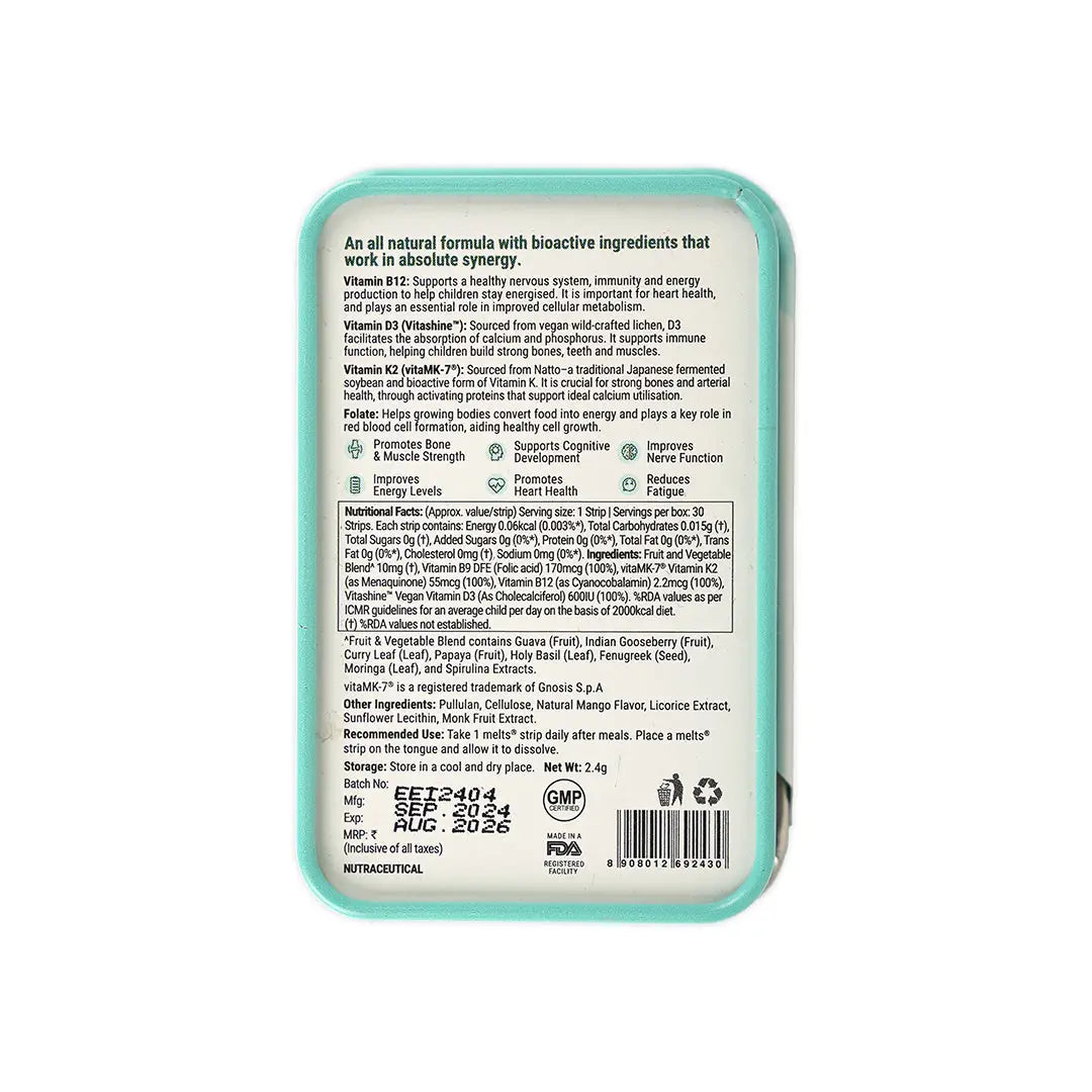 55044-Wellbeing Melts Into Kids Natural B12 + D3 30 Strips-Girl +2