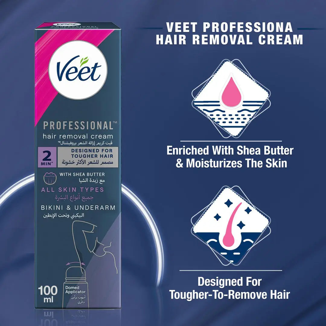 Veet Professional Hair Removal Cream for All Skin Types Bikini & Underarms with Domed Applicator,100g