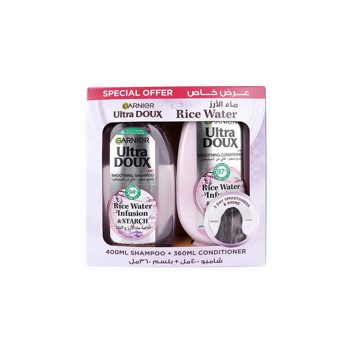 55600-Garnier Ultra Doux Rice Water Shampoo 400ml+Conditioner360ml +1