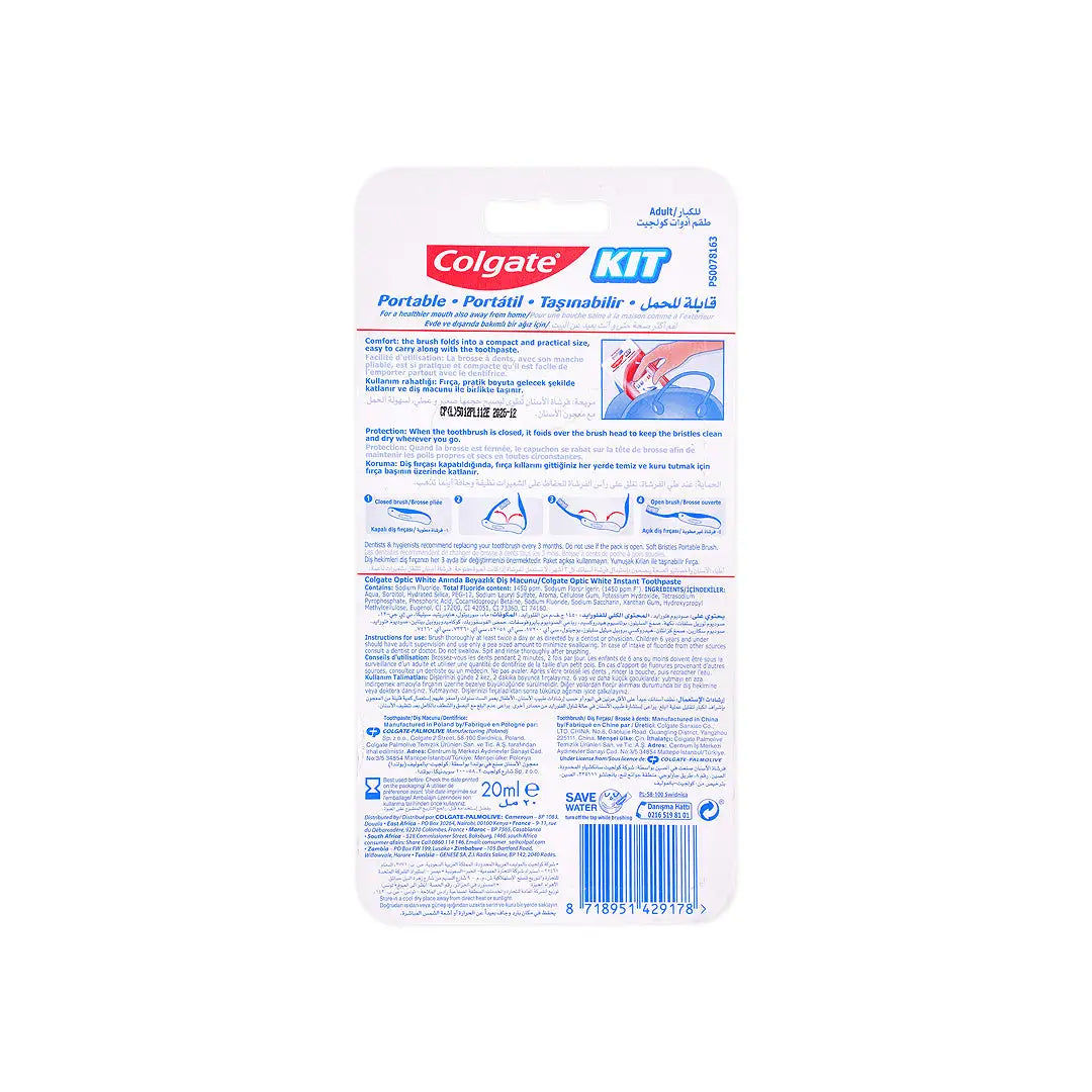 55878-Colgate Travel Kit Soft Toothbrush + Optic White Toothpaste +1