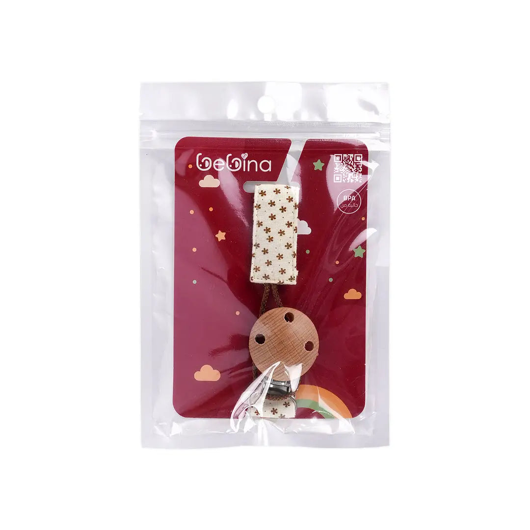 58412-Bebina Pacifier Clip Fabric & Wood - Beige 
