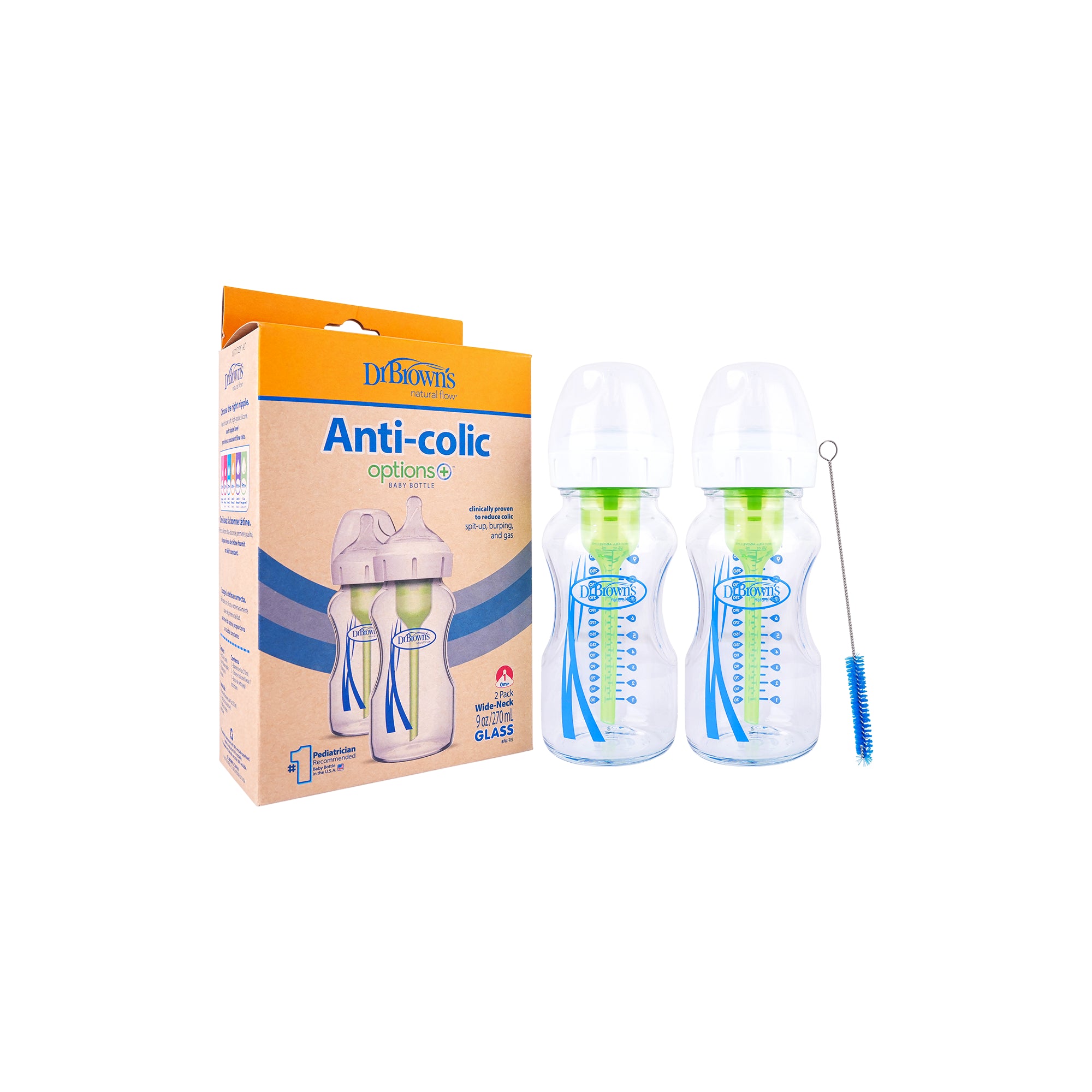 58933-Dr Browns Anti-Colic Wild-Neck Glass Bottle(0m+)2x270mL-7112 +8