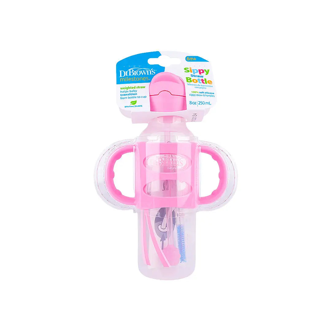 58946-Dr Brown Sippy Straw Bottle Silicone Handles 6m+ 250mL-Pink