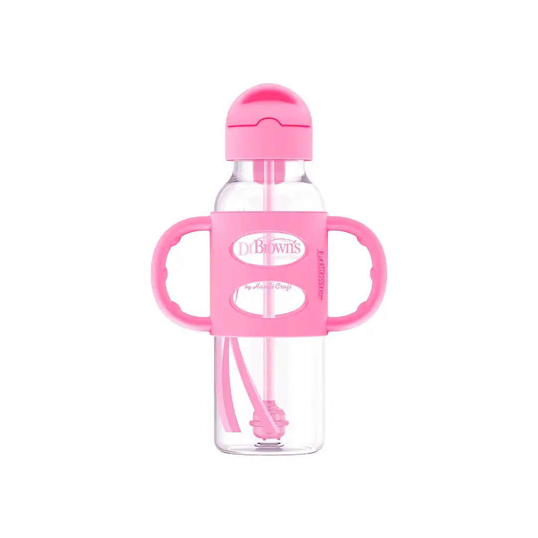 58946-Dr Brown Sippy Straw Bottle Silicone Handles 6m+ 250mL-Pink +2