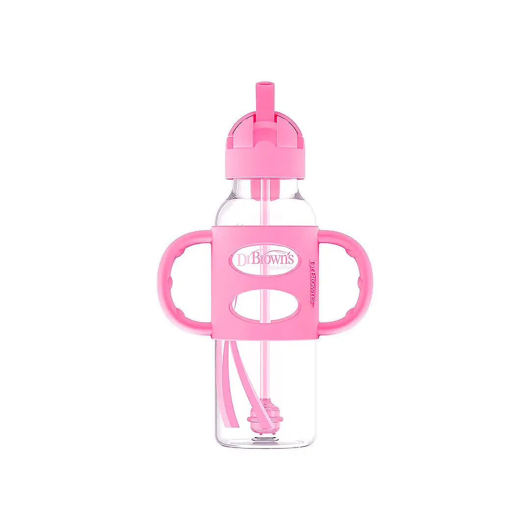 58946-Dr Brown Sippy Straw Bottle Silicone Handles 6m+ 250mL-Pink +3