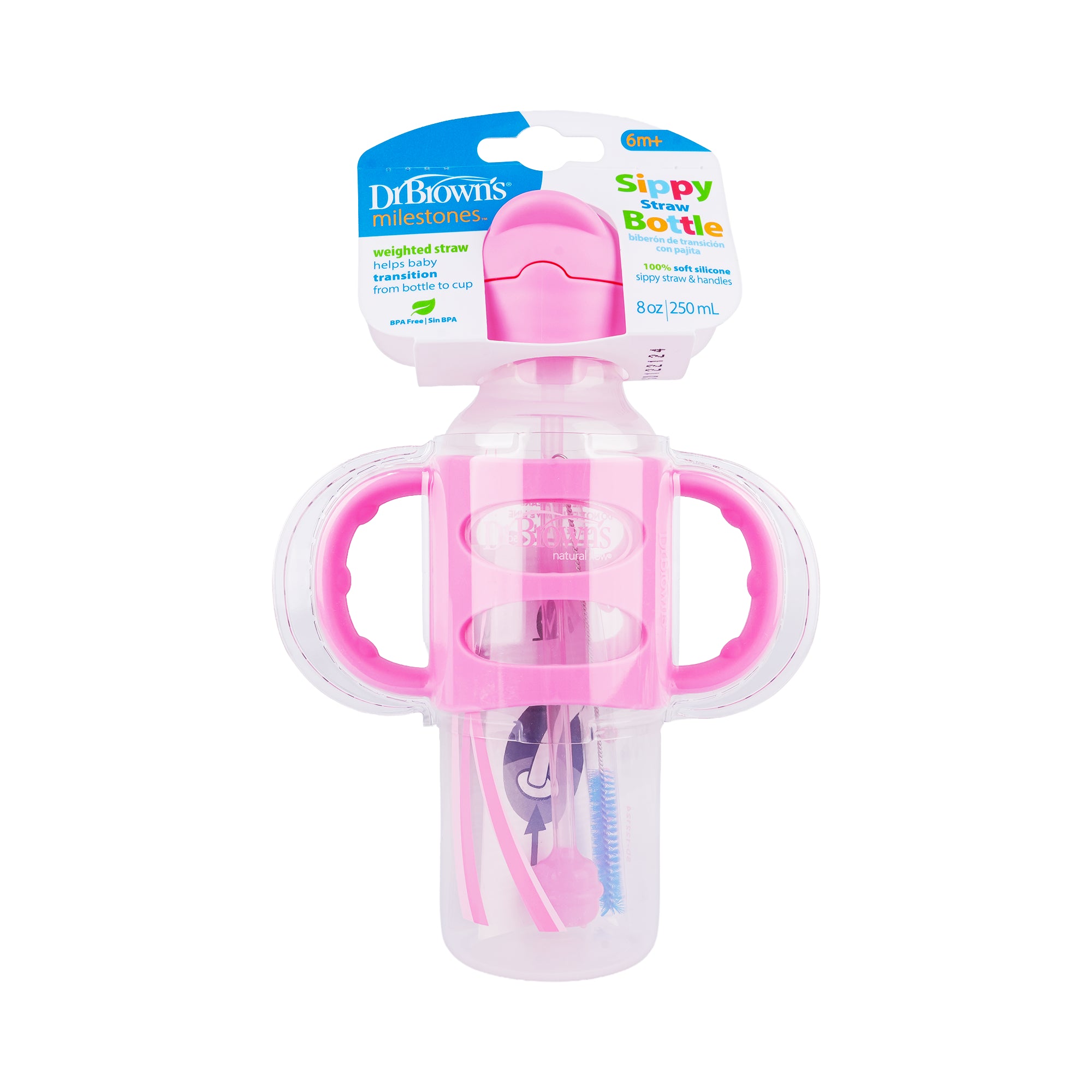 58946-Dr Brown Sippy Straw Bottle Silicone Handles 6m+ 250mL-Pink