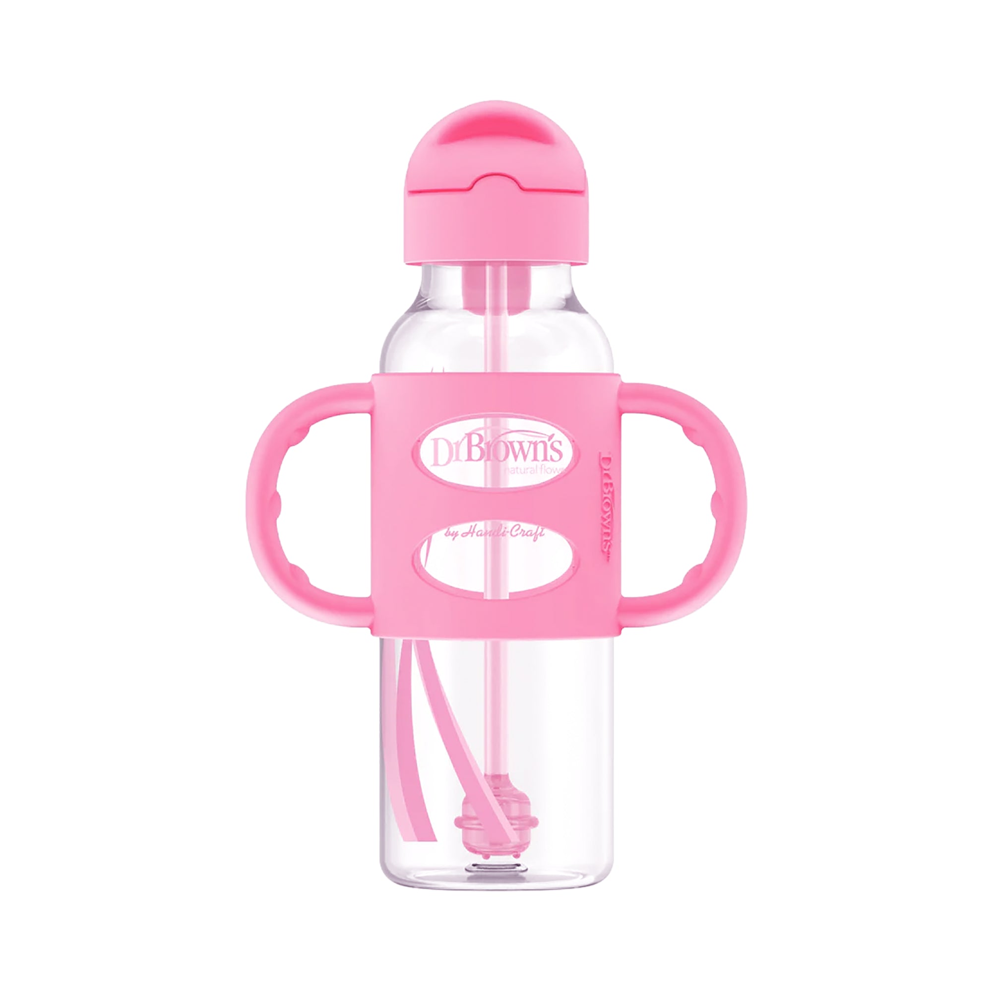 58946-Dr Brown Sippy Straw Bottle Silicone Handles 6m+ 250mL-Pink +2