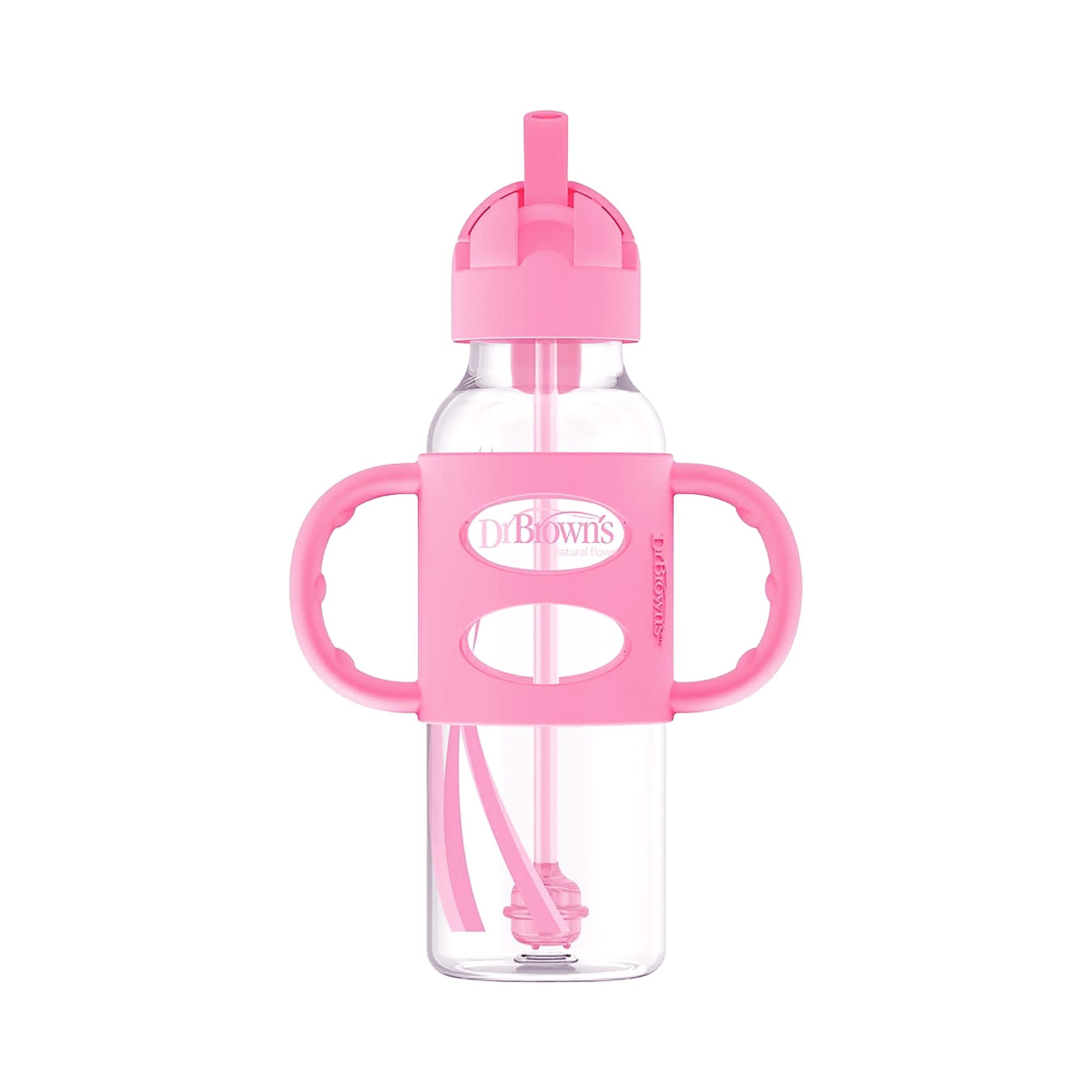 58946-Dr Brown Sippy Straw Bottle Silicone Handles 6m+ 250mL-Pink +3