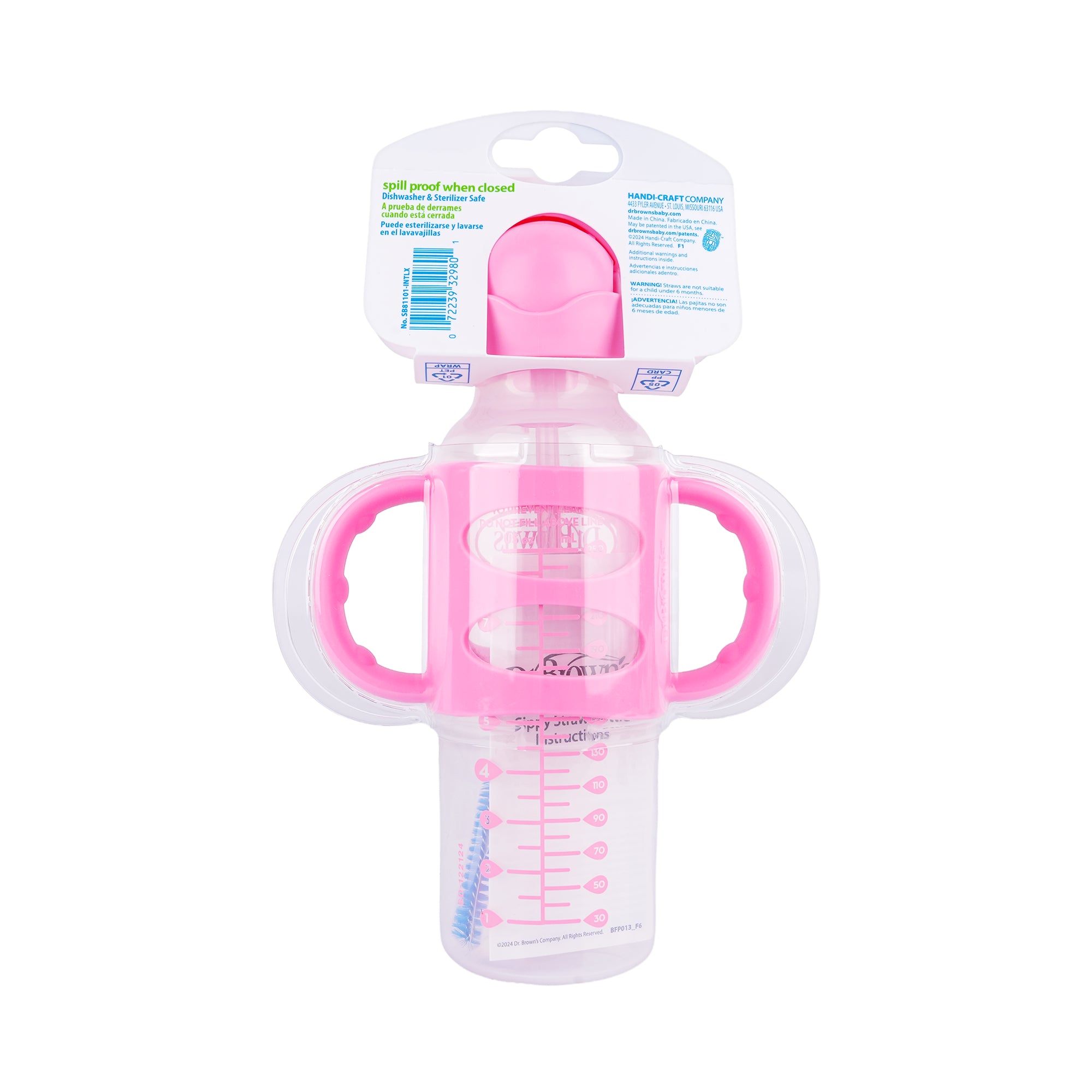 58946-Dr Brown Sippy Straw Bottle Silicone Handles 6m+ 250mL-Pink +1