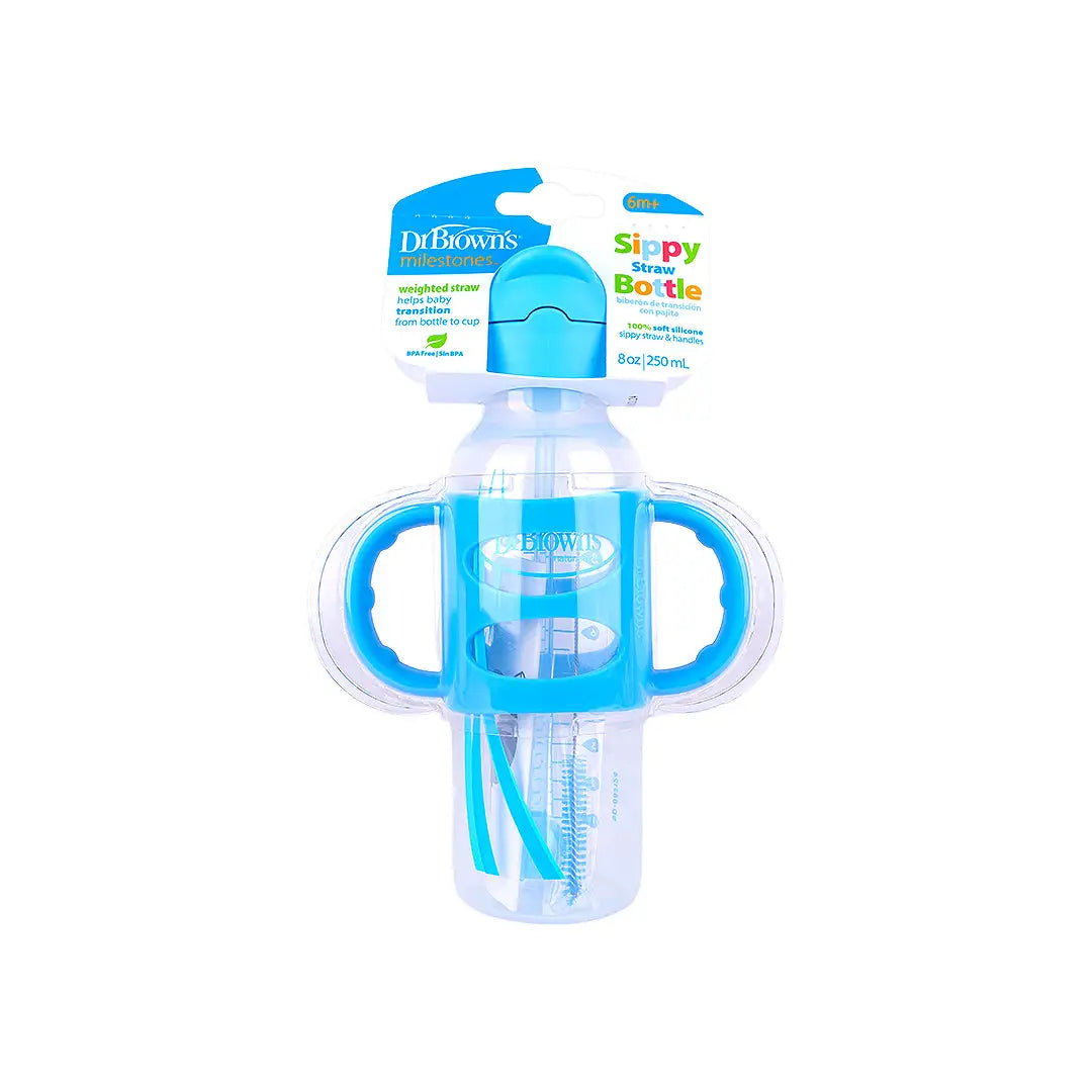 Dr Brown Sippy Straw Bottle Silicone Handles 6m+ 250mL-Blue