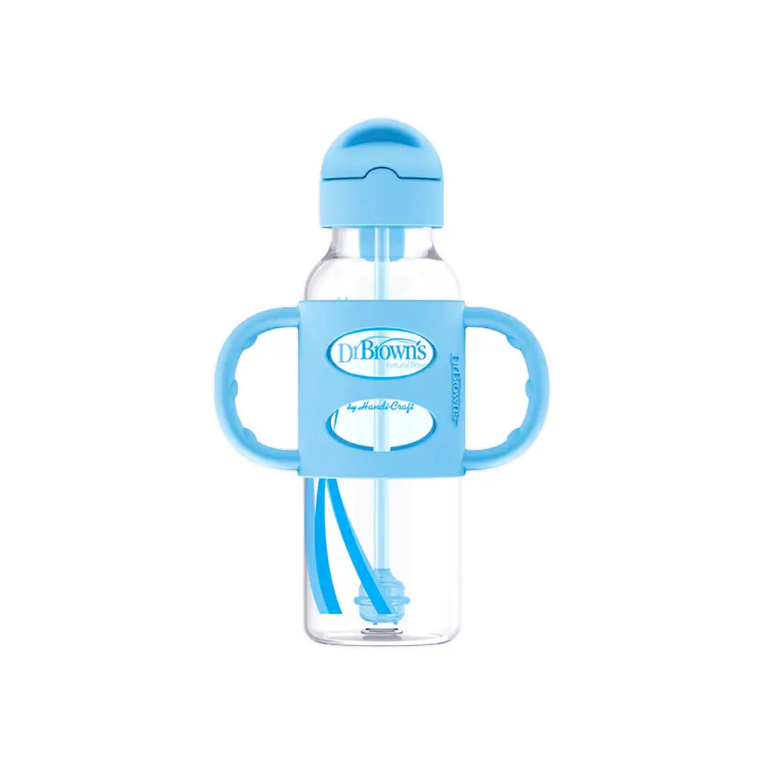 Dr Brown Sippy Straw Bottle Silicone Handles 6m+ 250mL-Blue