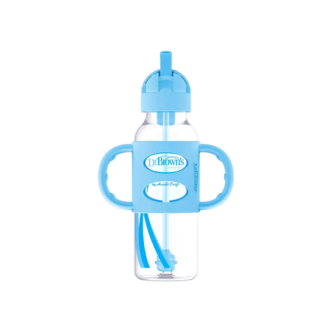 Dr Brown Sippy Straw Bottle Silicone Handles 6m+ 250mL-Blue