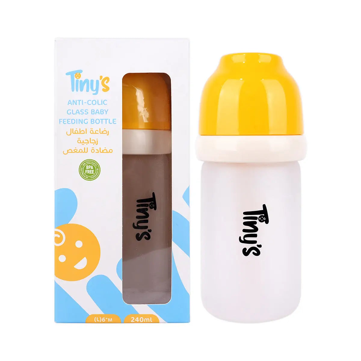 1-Tiny’S Anti-Colic Glass Baby Feeding Bottle (L)6+M 240ml