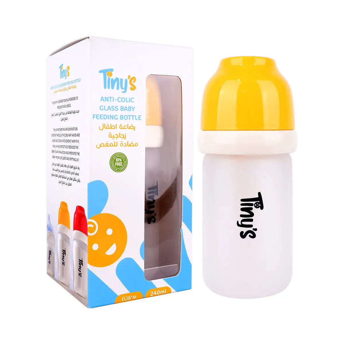 2-Tiny’S Anti-Colic Glass Baby Feeding Bottle (L)6+M 240ml +1