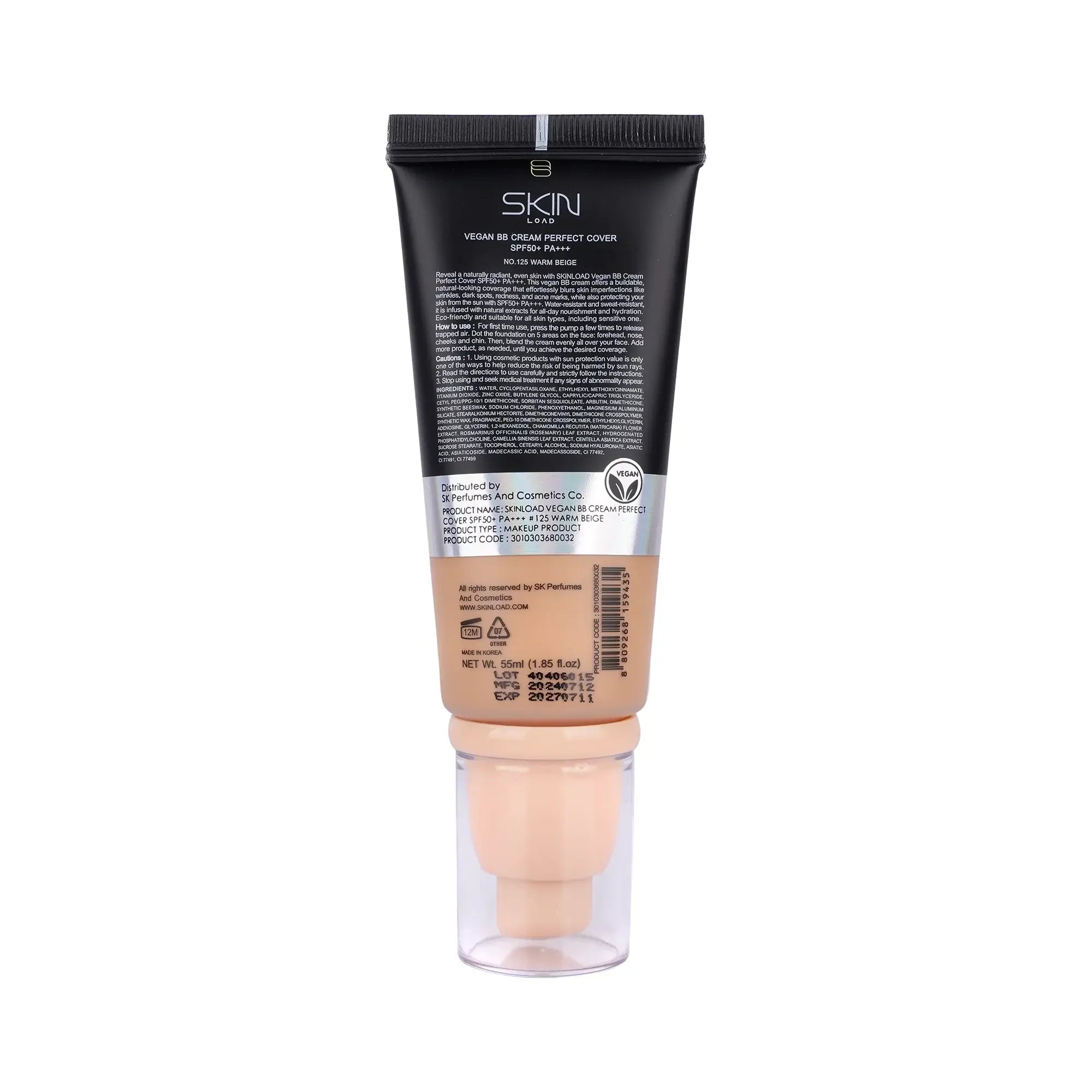 60628-Skinload Vegan BB Cream Perfect Cover SPF50+ 55ml 125-Warm Beige +1