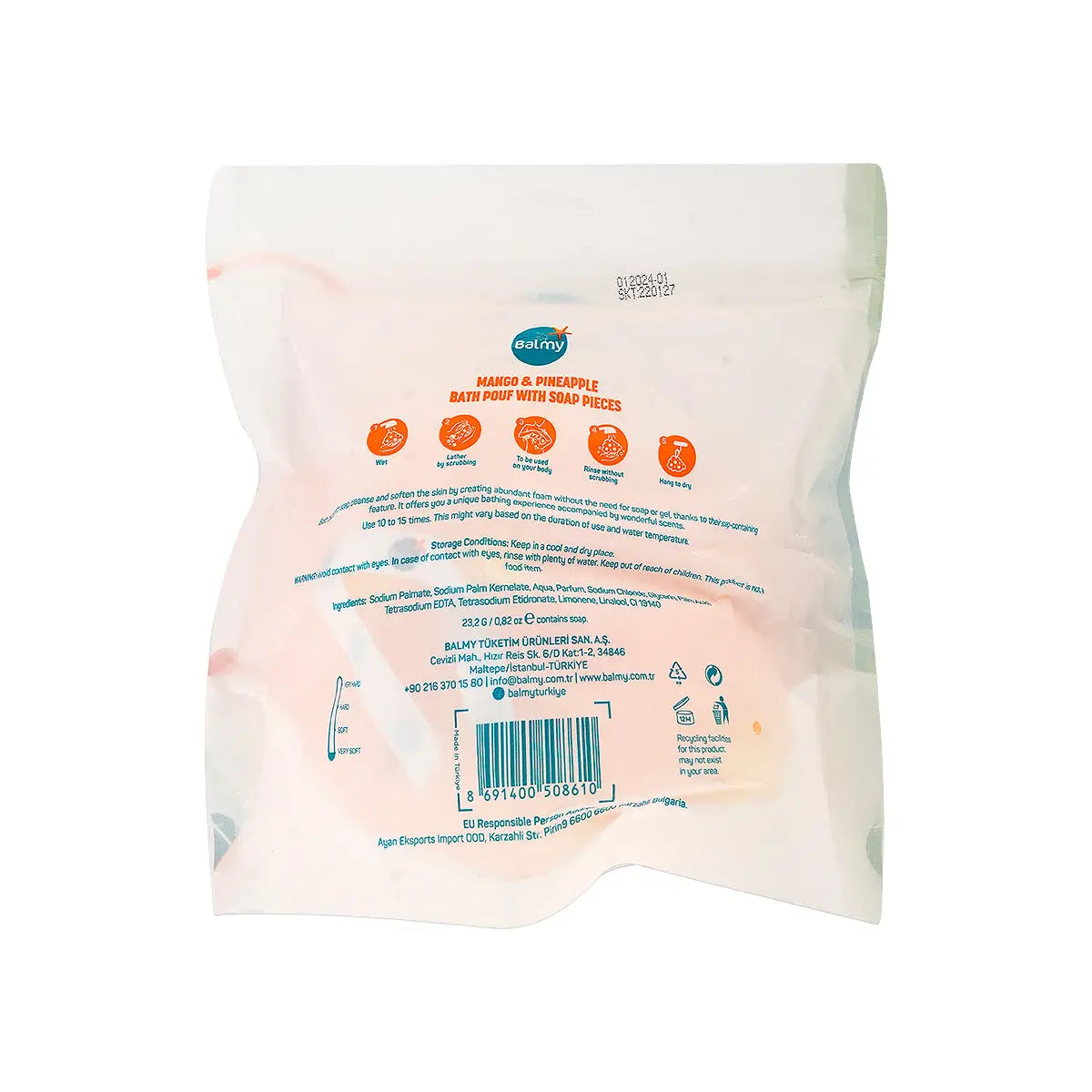 2-Balmy Bath Pouf With White Soap Pieces-Mango & Pineapple +1