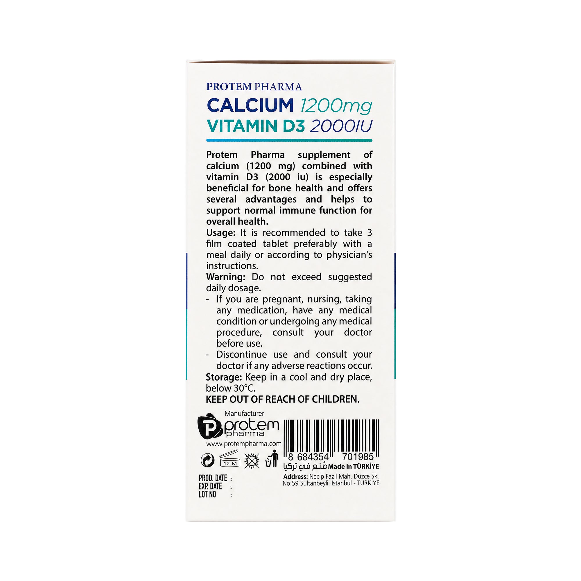 Protem Pharma Calcium 1200mg+Vit D3 2000IU 90 Tablets