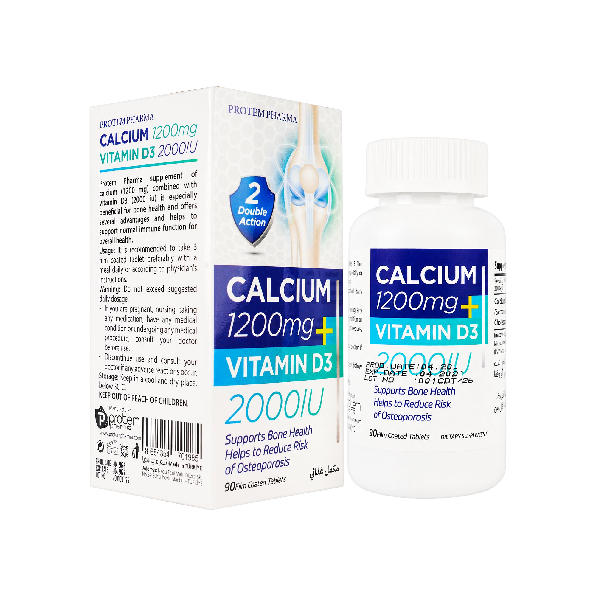 Protem Pharma Calcium 1200mg+Vit D3 2000IU 90 Tablets