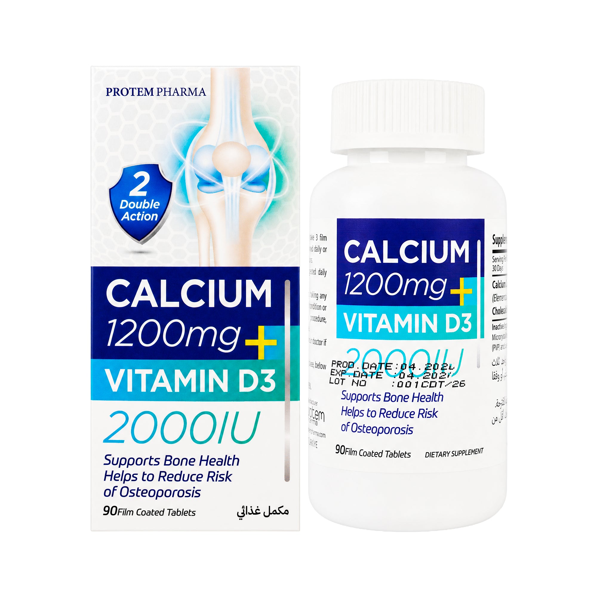 Protem Pharma Calcium 1200mg+Vit D3 2000IU 90 Tablets
